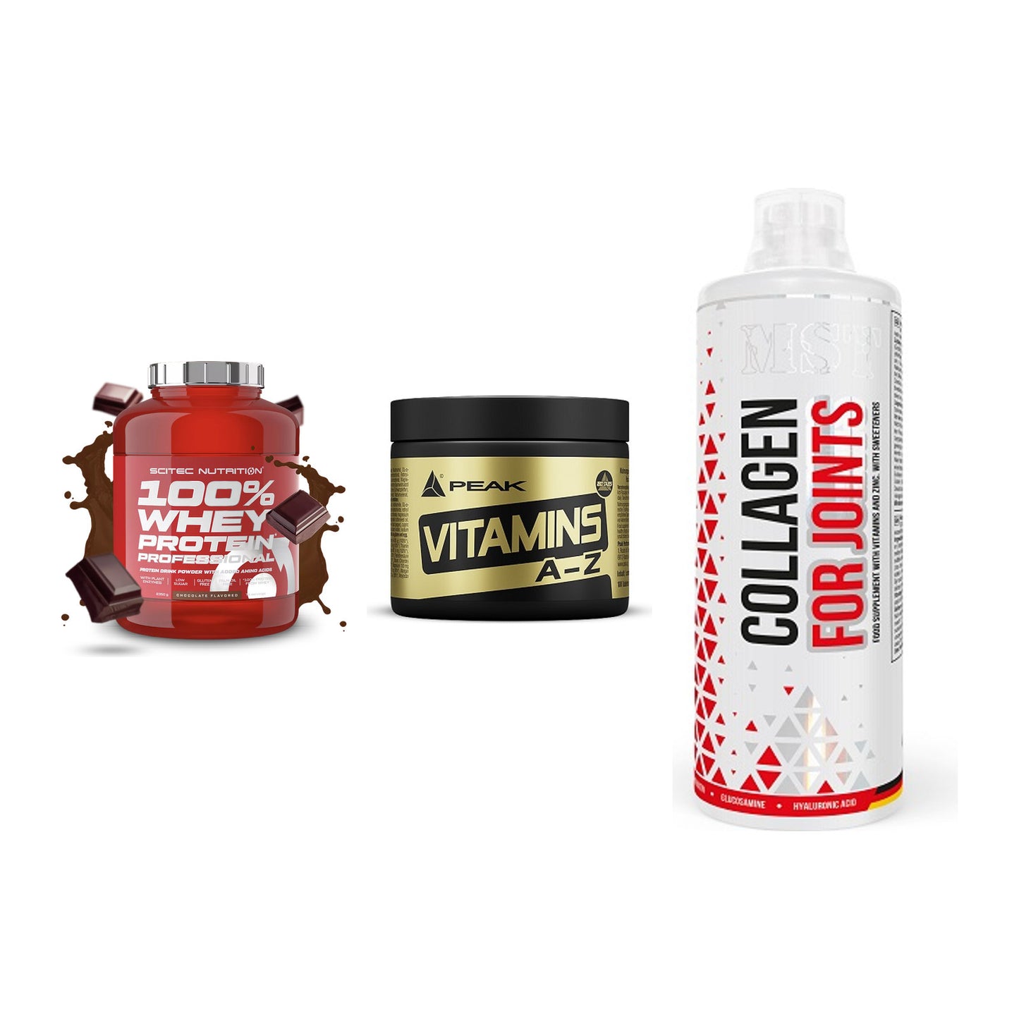 Regenerations-Set: Scitec 100% + Peak Vitamin + MST Collagen – alle enthaltenen Artikel