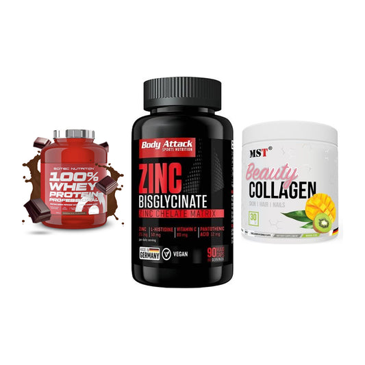 Regenerations-Set: Scitec 100% + Body Attack + MST Beauty – alle enthaltenen Artikel