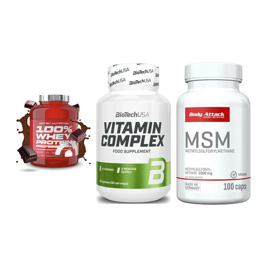 Regenerations-Set: Scitec 100% + BioTech Vitamin + Body Attack MSM – alle enthaltenen Artikel