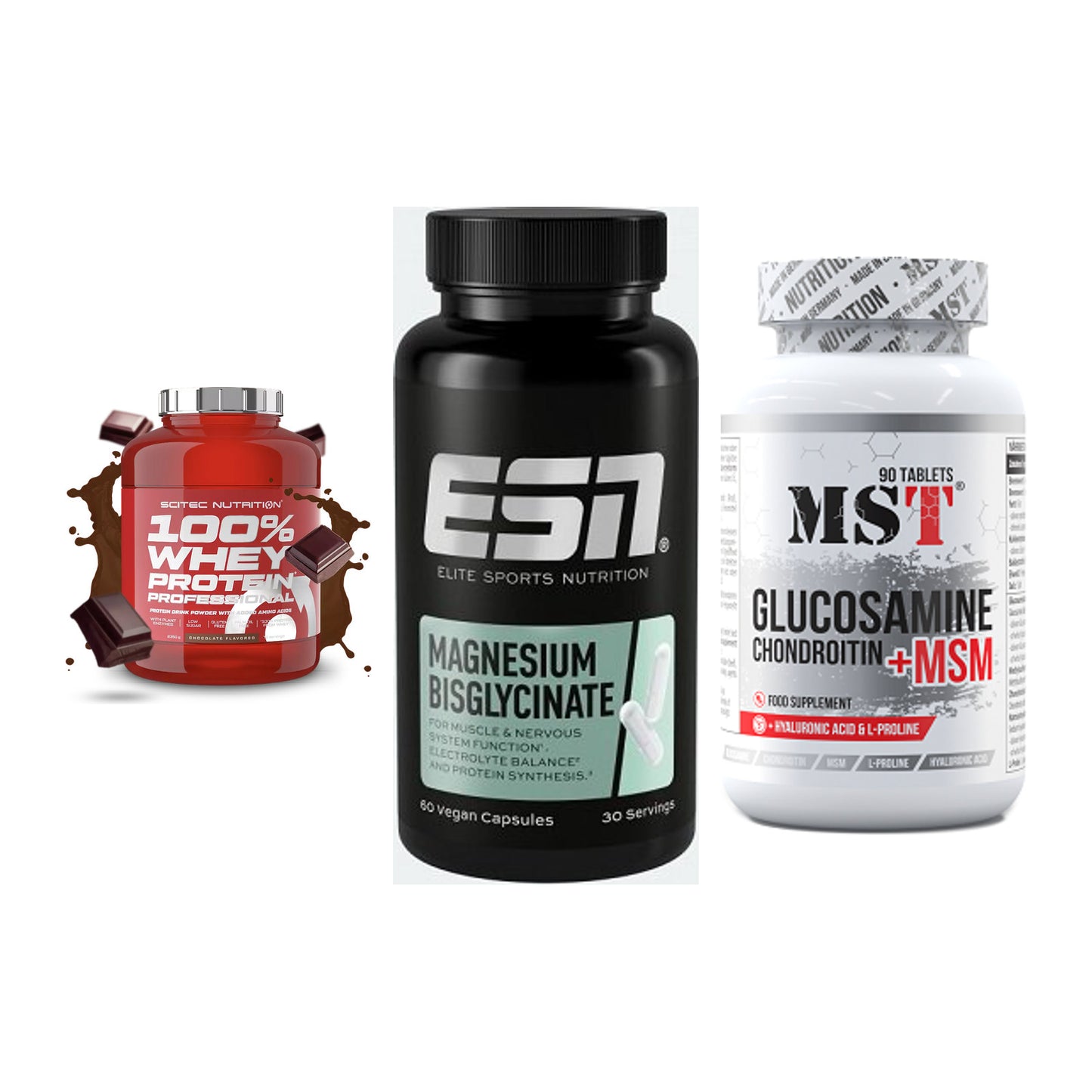 Regenerations-Set: Scitec 100% + ESN Magnesium + MST Glucosamine – alle enthaltenen Artikel