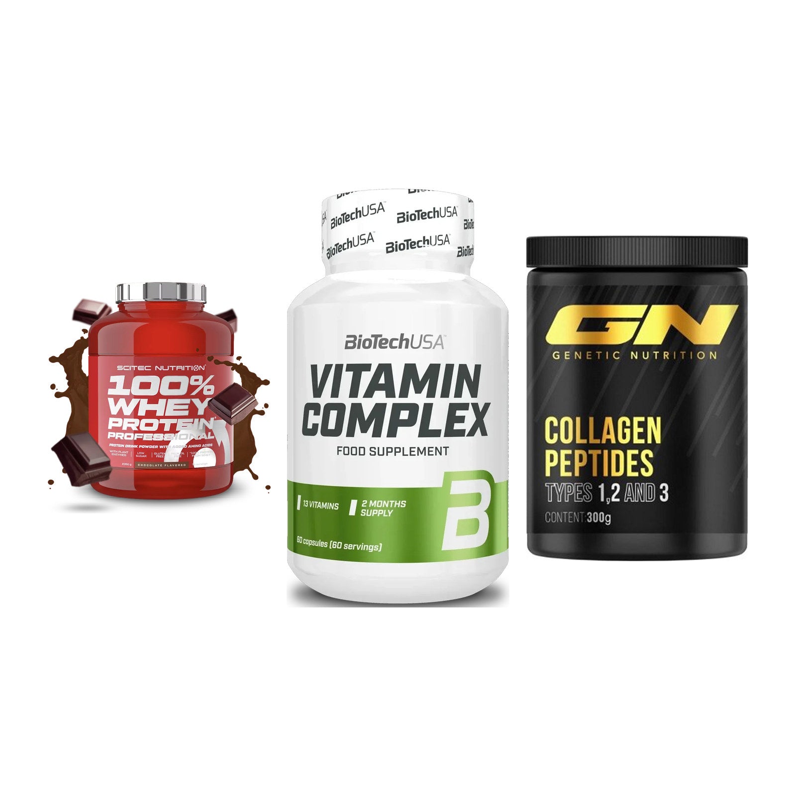 Regenerations-Set: Scitec 100% + BioTech Vitamin + GN Peptan – alle enthaltenen Artikel