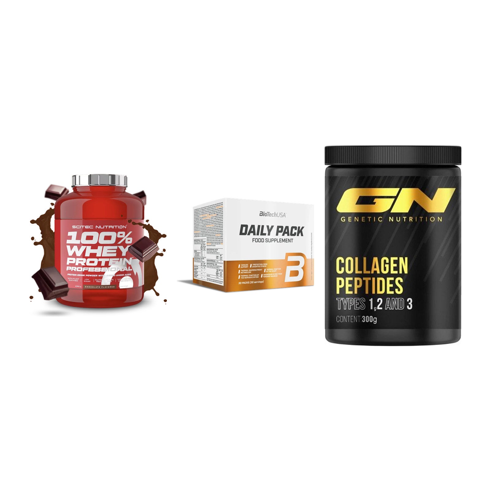 Regenerations-Set: Scitec 100% + BioTech Daily + GN Peptan – alle enthaltenen Artikel