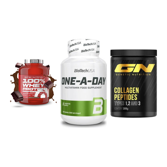 Regenerations-Set: Scitec 100% + BioTech One A + GN Peptan – alle enthaltenen Artikel