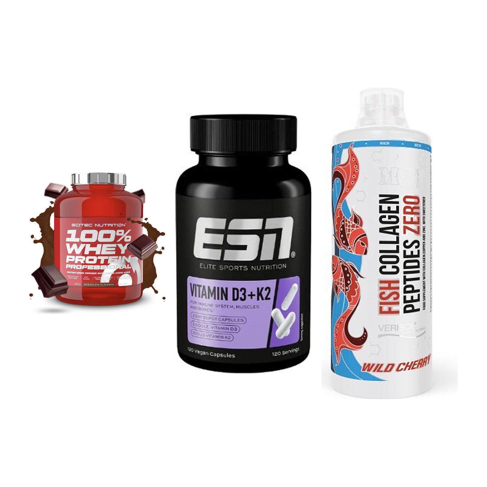 Regenerations-Set: Scitec 100% + ESN Vitamin D3 + MST Fish – alle enthaltenen Artikel