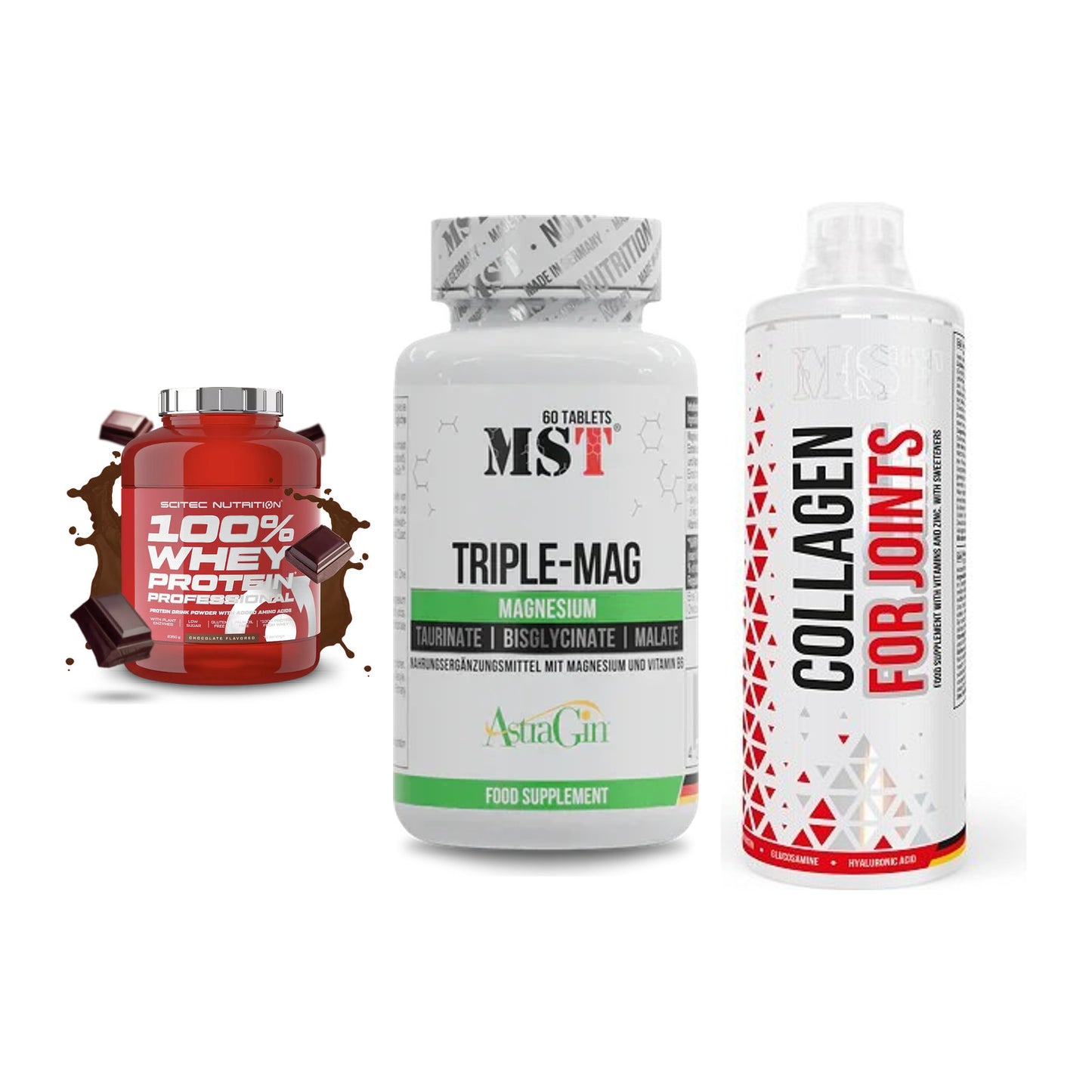 Regenerations-Set: Scitec 100% + MST Tripple Mag + MST Collagen – alle enthaltenen Artikel
