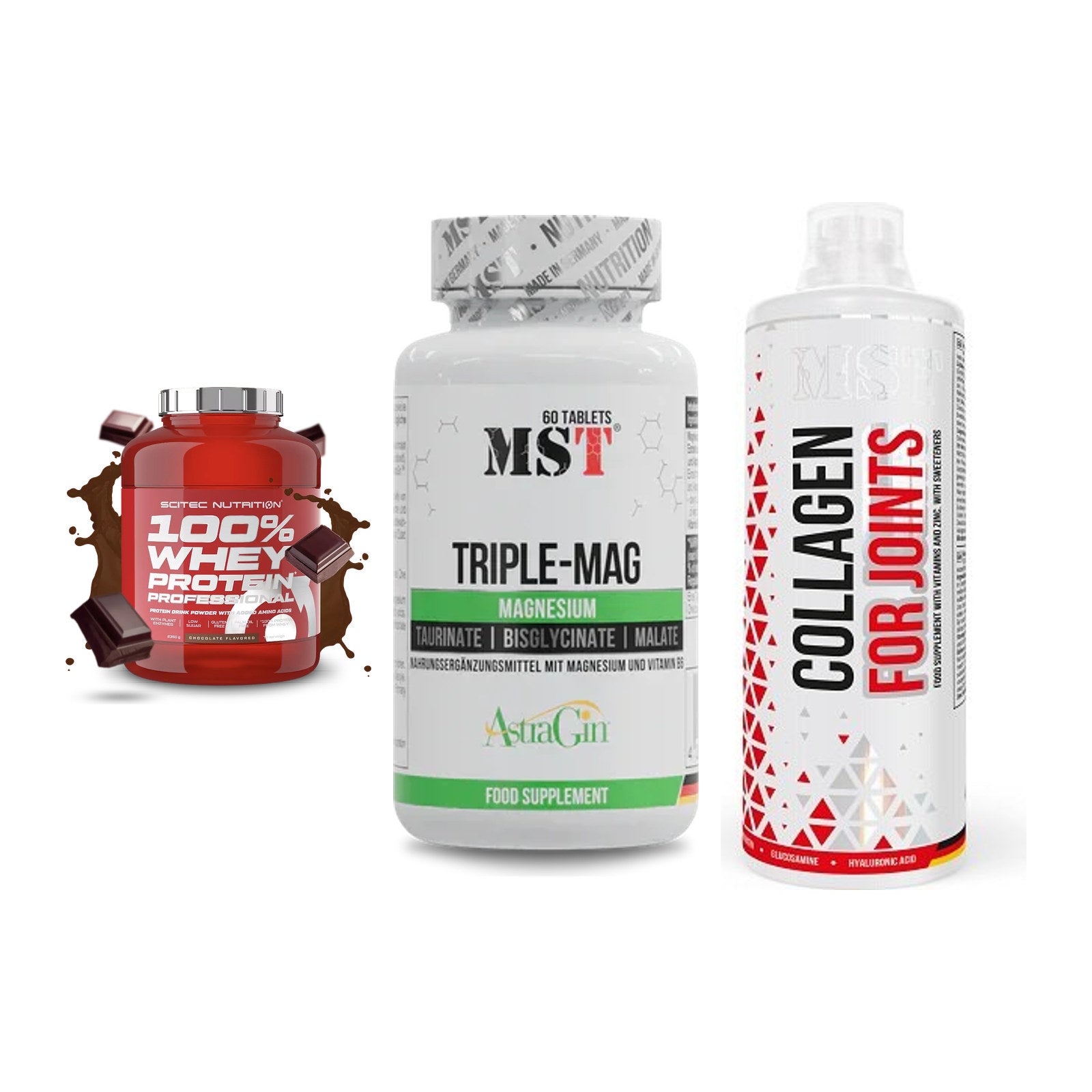 Regenerations-Set: Scitec 100% + MST Tripple Mag + MST Collagen – alle enthaltenen Artikel