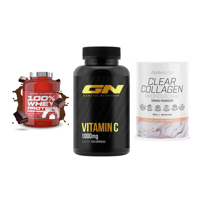 Regenerations-Set: Scitec 100% + GN Vitamin C + BioTech Clear – alle enthaltenen Artikel