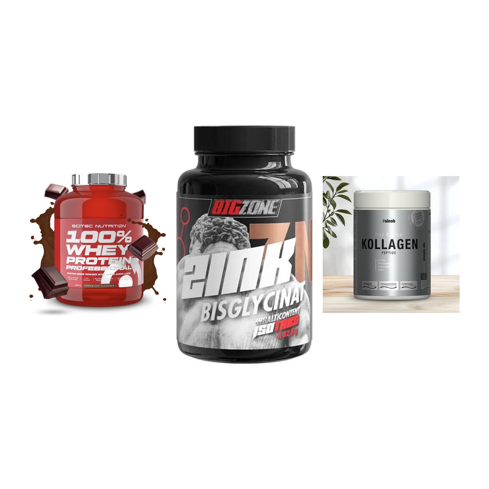 Regenerations-Set: Scitec 100% + Big Zone Zink + Sinob Kollagen – alle enthaltenen Artikel