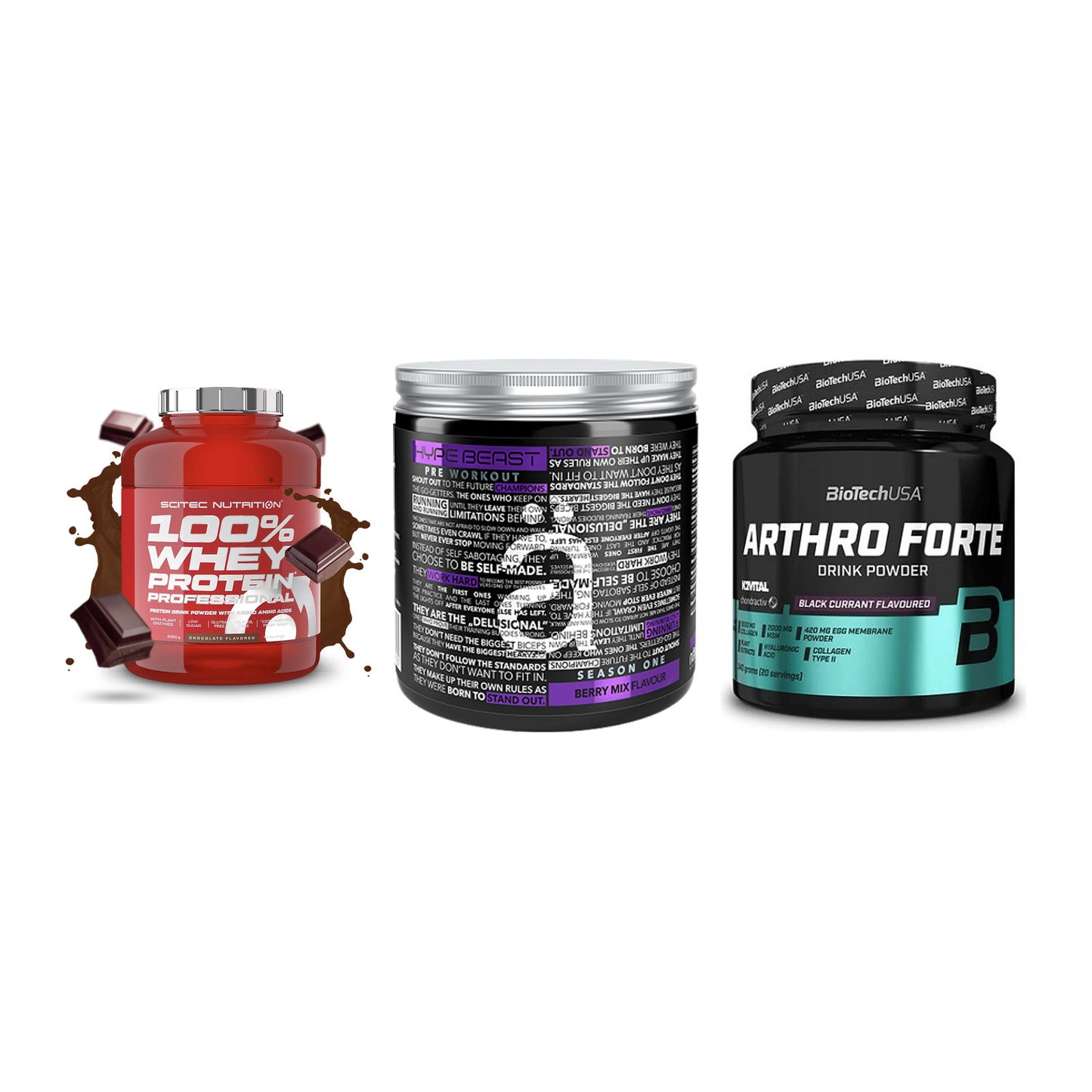 Regenerations-Set: Scitec 100% + Nanosupps Hype + BioTech Arthro – alle enthaltenen Artikel