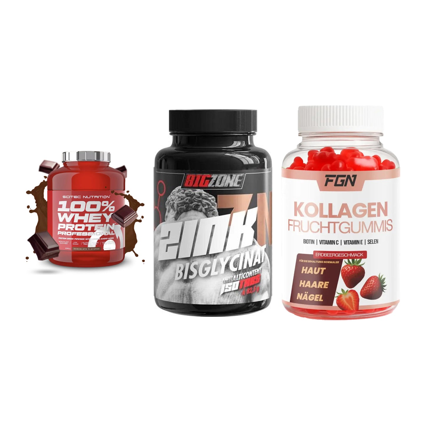 Regenerations-Set: Scitec 100% + Big Zone Zink + FGN Kollagen 60 – alle enthaltenen Artikel