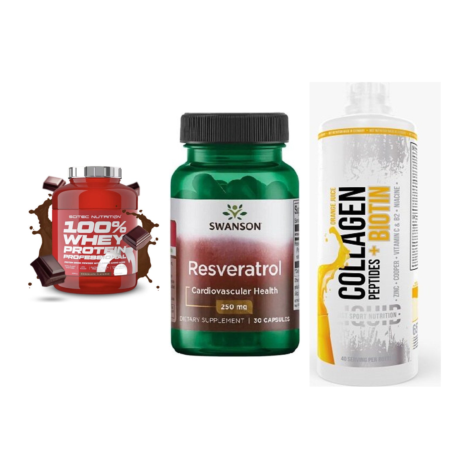 Regenerations-Set: Scitec 100% + Swanson Resvera + MST Collagen – alle enthaltenen Artikel