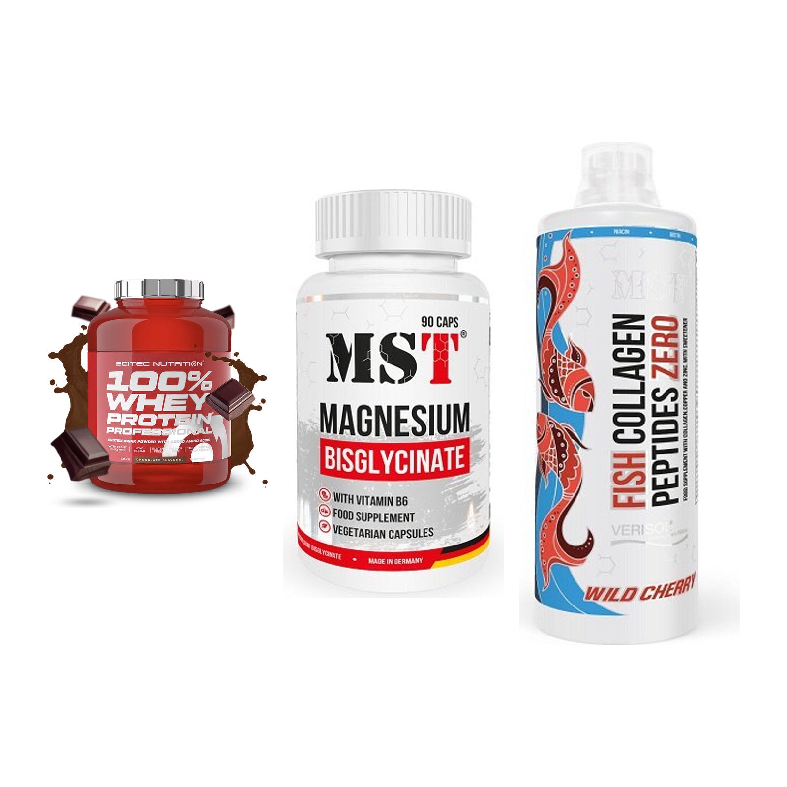 Regenerations-Set: Scitec 100% + MST Magnesium + MST Fish – alle enthaltenen Artikel