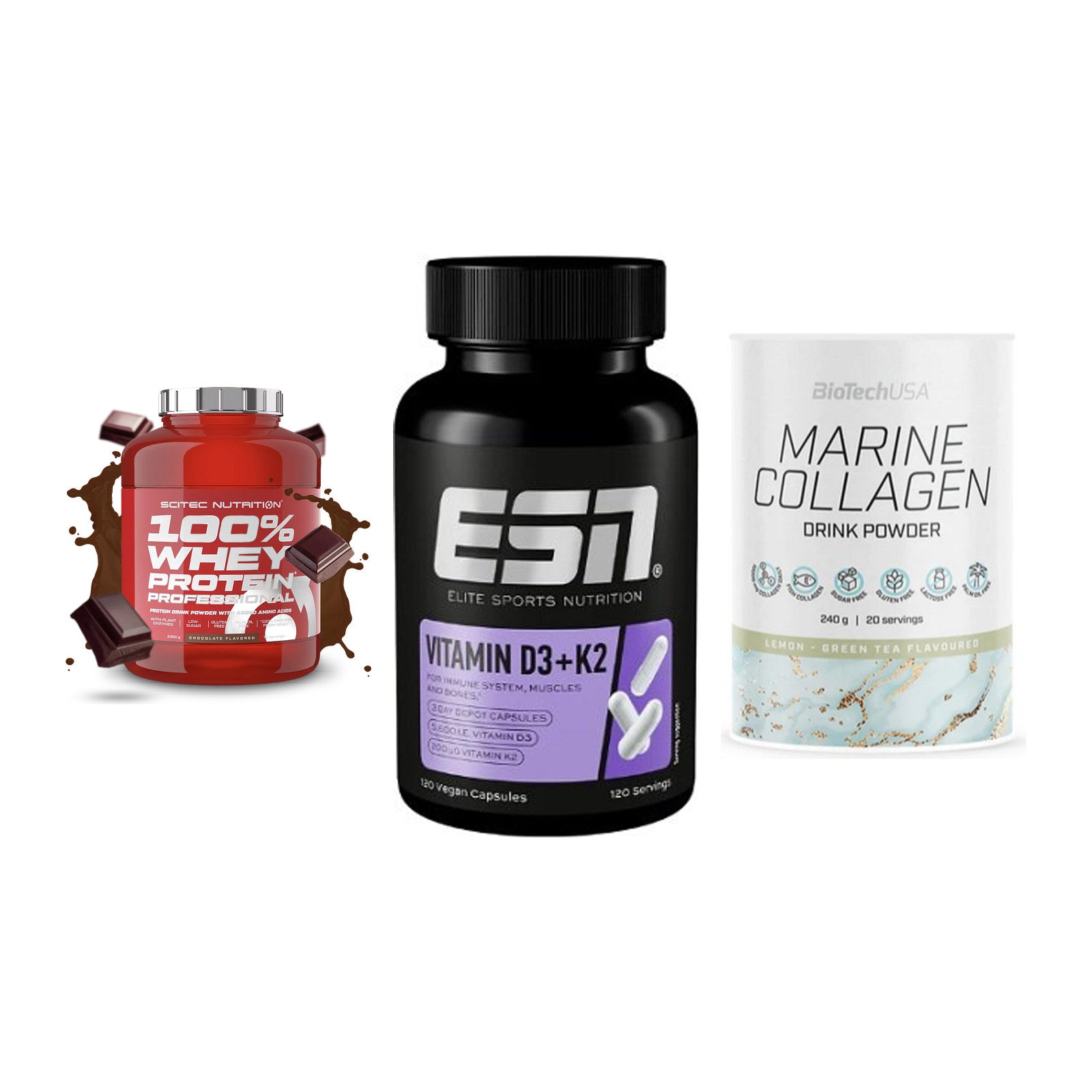 Regenerations-Set: Scitec 100% + ESN Vitamin D3 + BioTech Marine – alle enthaltenen Artikel