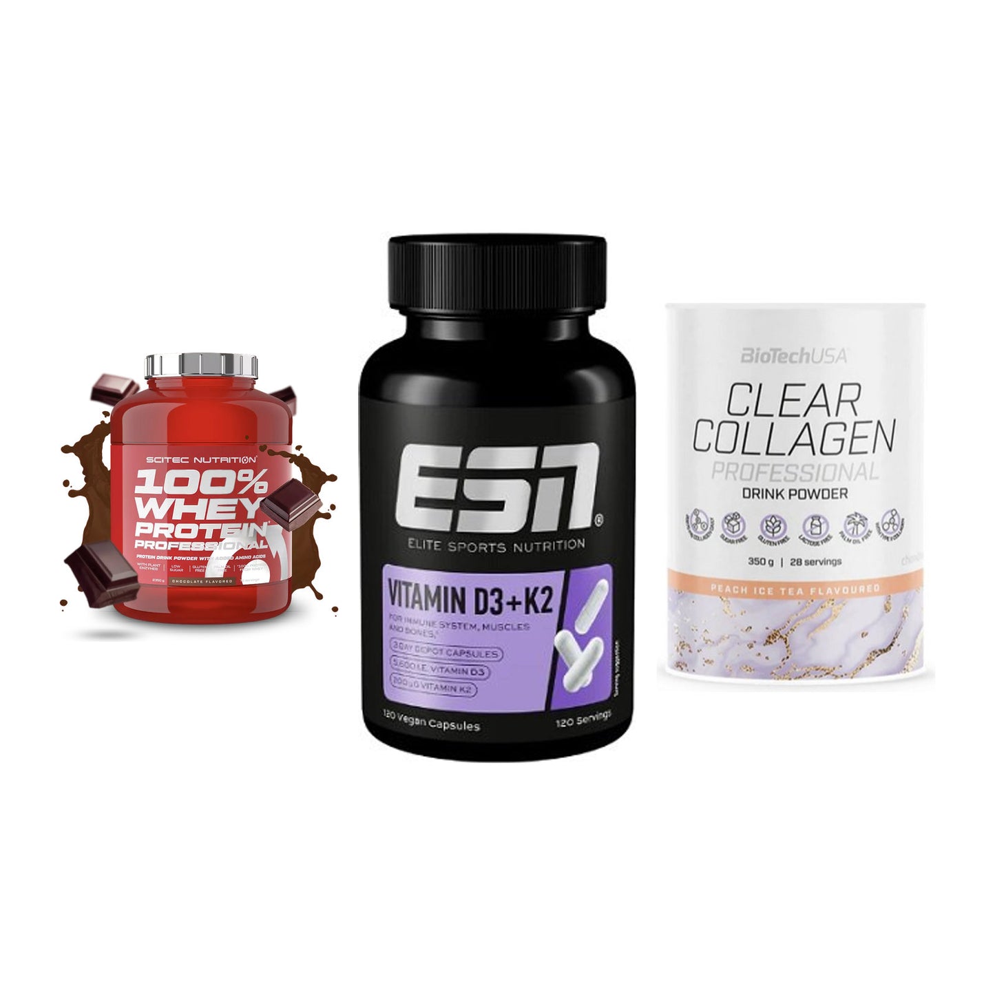 Regenerations-Set: Scitec 100% + ESN Vitamin D3 + BioTech Clear – alle enthaltenen Artikel