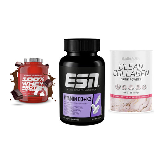 Regenerations-Set: Scitec 100% + ESN Vitamin D3 + BioTech Clear – alle enthaltenen Artikel