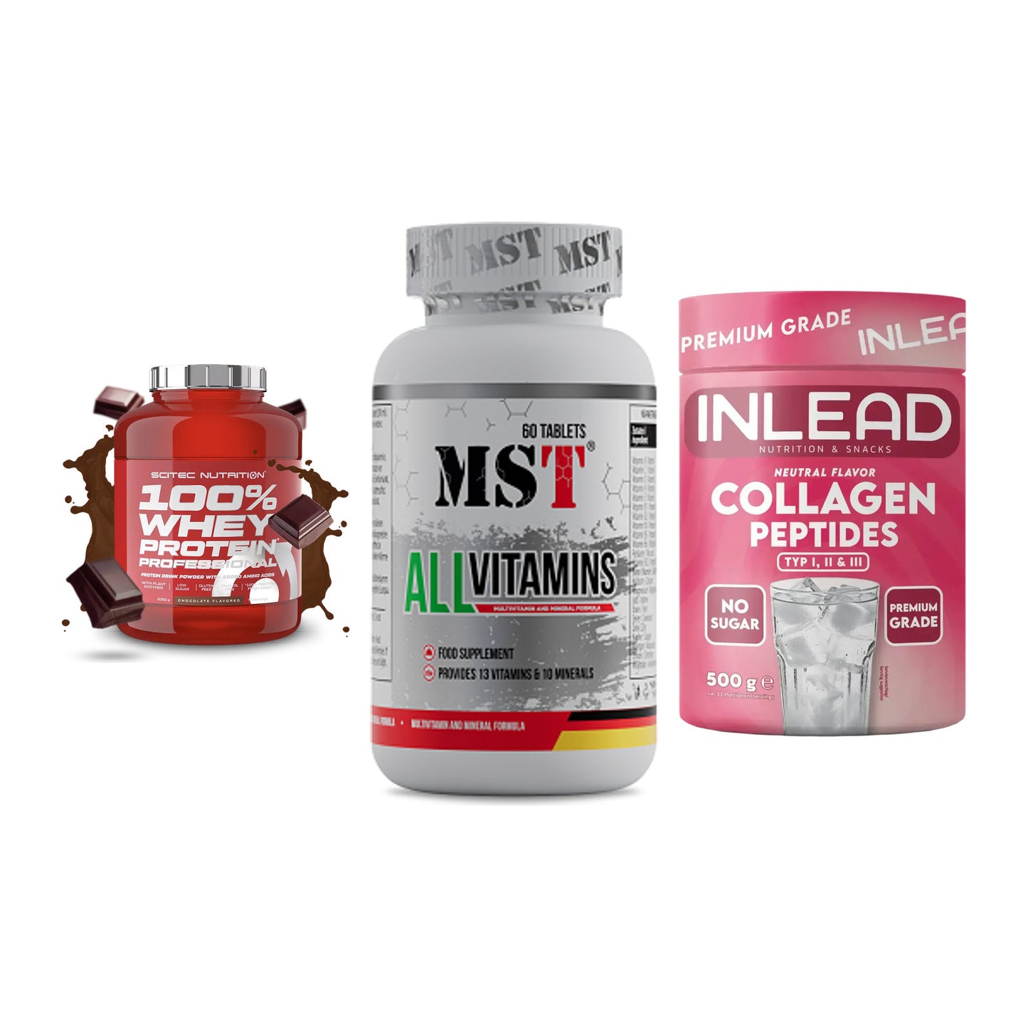 Regenerations-Set: Scitec 100% + MST All Vitamin + INLEAD Collagen – alle enthaltenen Artikel