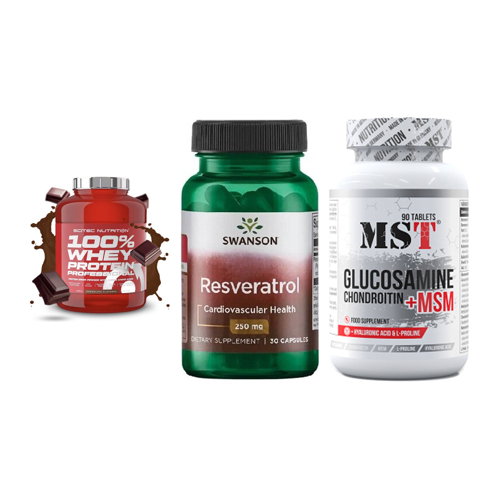 Regenerations-Set: Scitec 100% + Swanson Resvera + MST Glucosamine – alle enthaltenen Artikel