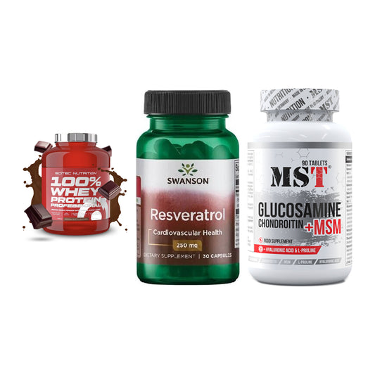 Regenerations-Set: Scitec 100% + Swanson Resvera + MST Glucosamine – alle enthaltenen Artikel