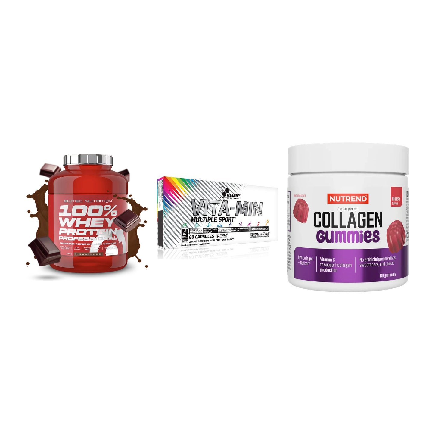 Regenerations-Set: Scitec 100% + Olimp Vita-Min + Nutrend Collage – alle enthaltenen Artikel