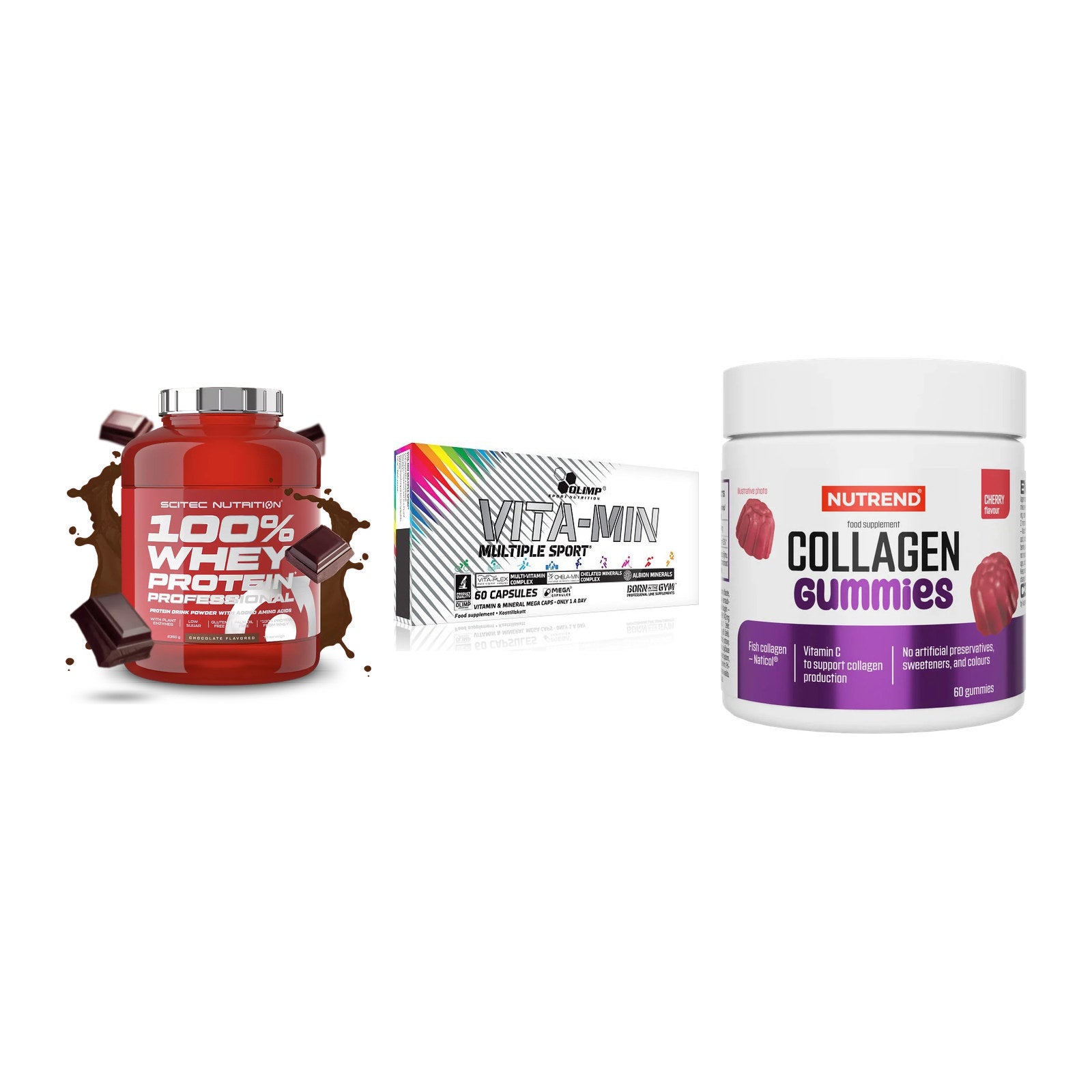 Regenerations-Set: Scitec 100% + Olimp Vita-Min + Nutrend Collage – alle enthaltenen Artikel
