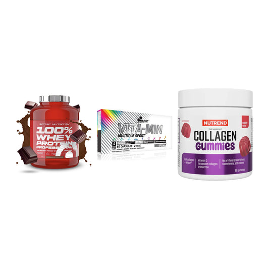 Regenerations-Set: Scitec 100% + Olimp Vita-Min + Nutrend Collage – alle enthaltenen Artikel