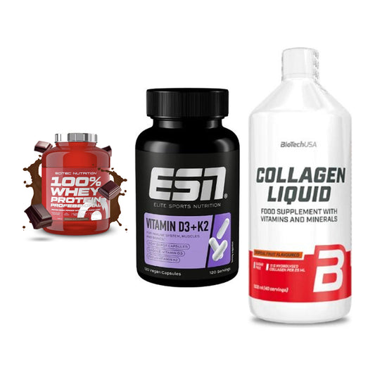 Regenerations-Set: Scitec 100% + ESN Vitamin D3 + BioTech Collage – alle enthaltenen Artikel