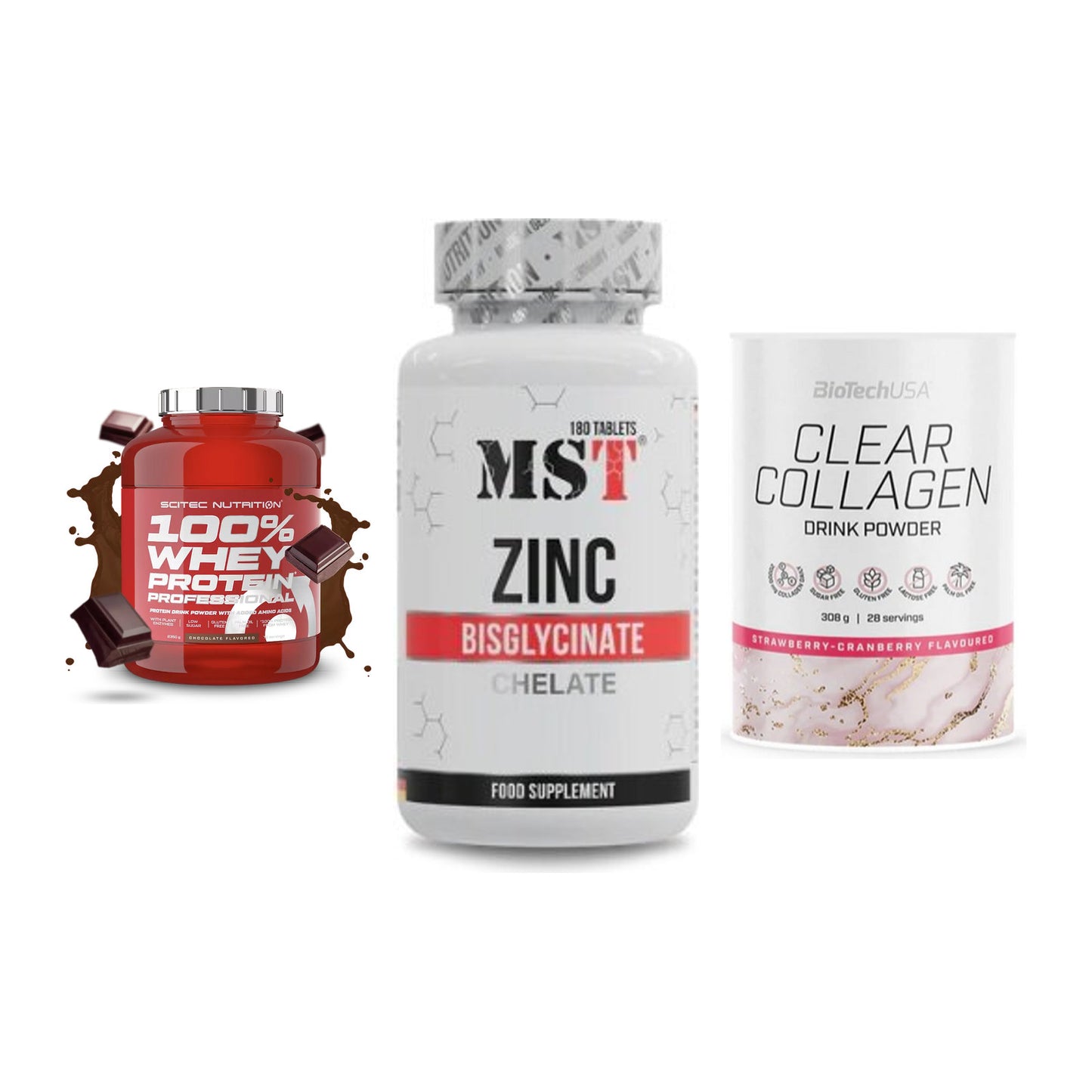 Regenerations-Set: Scitec 100% + MST Zinc + BioTech Clear – alle enthaltenen Artikel