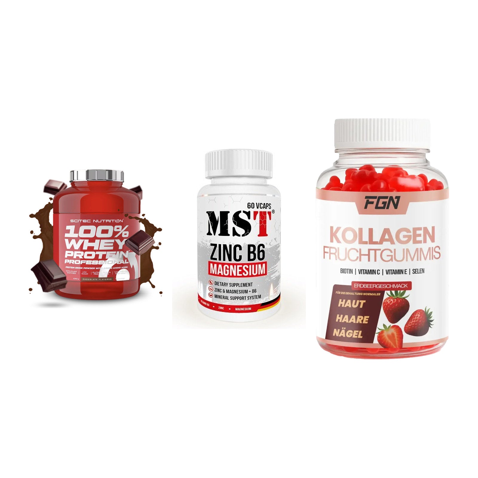 Regenerations-Set: Scitec 100% + MST Zinc + FGN Kollagen 60 – alle enthaltenen Artikel