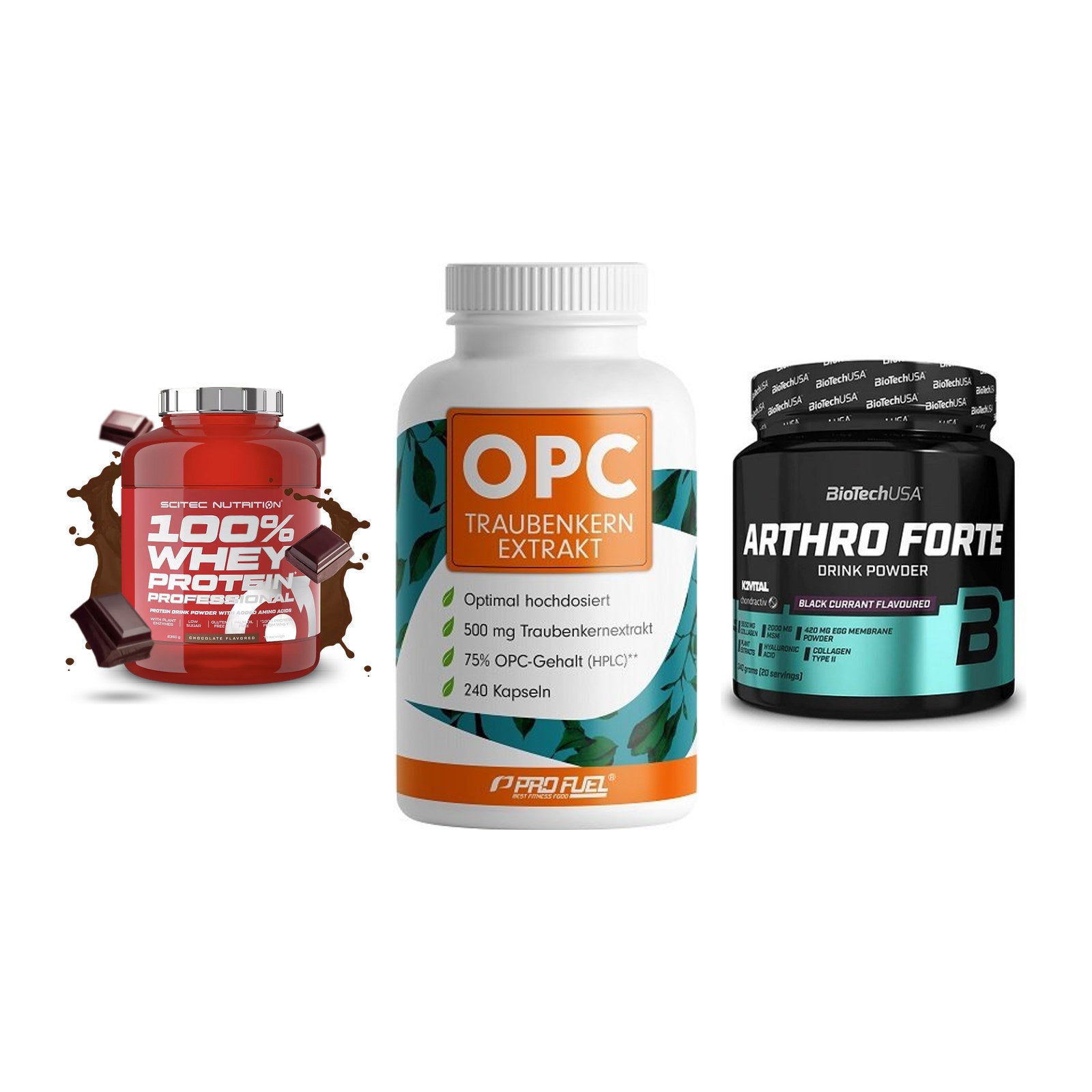 Regenerations-Set: Scitec 100% + ProFuel OPC + BioTech Arthro – alle enthaltenen Artikel