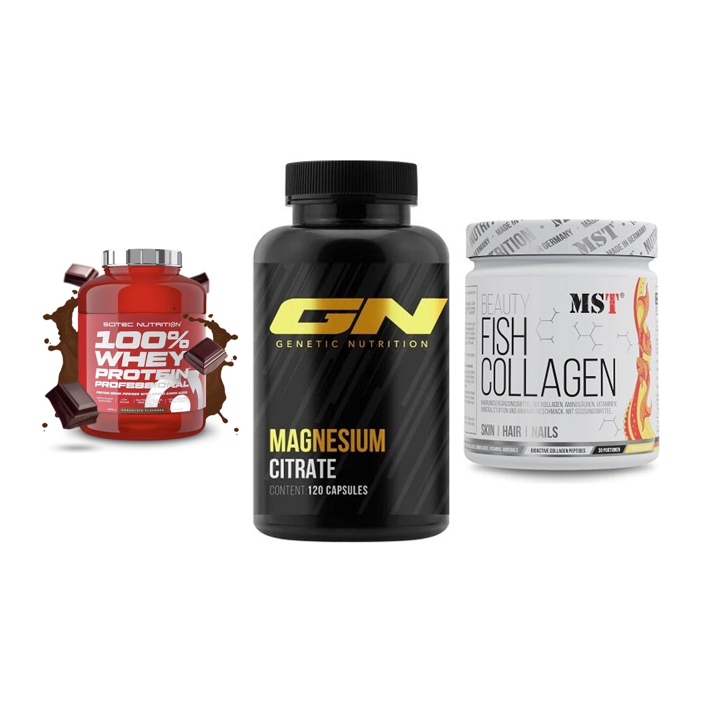 Regenerations-Set: Scitec 100% + GN Magnesium + MST Beauty Fish – alle enthaltenen Artikel