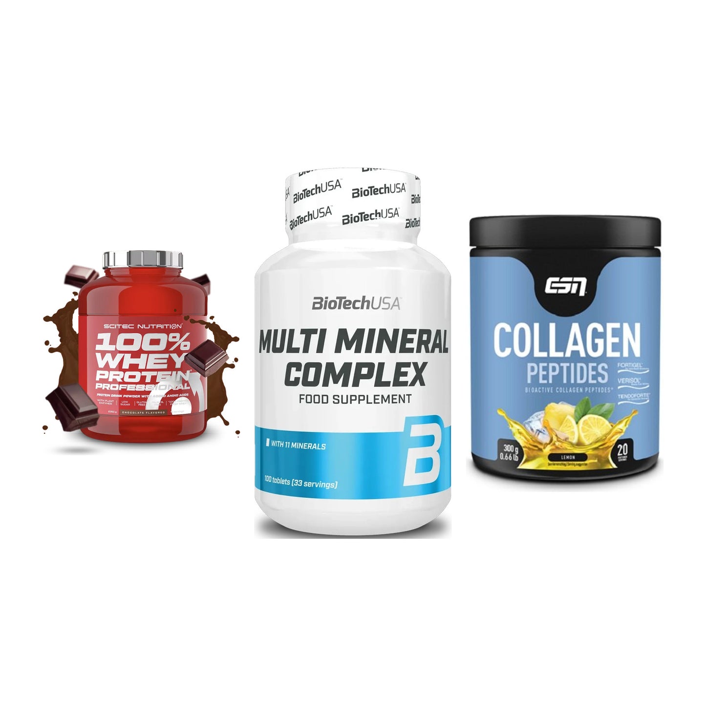 Regenerations-Set: Scitec 100% + BioTech Multi + ESN Collagen – alle enthaltenen Artikel