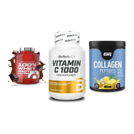 Regenerations-Set: Scitec 100% + BioTech Vitamin + ESN Collagen – alle enthaltenen Artikel