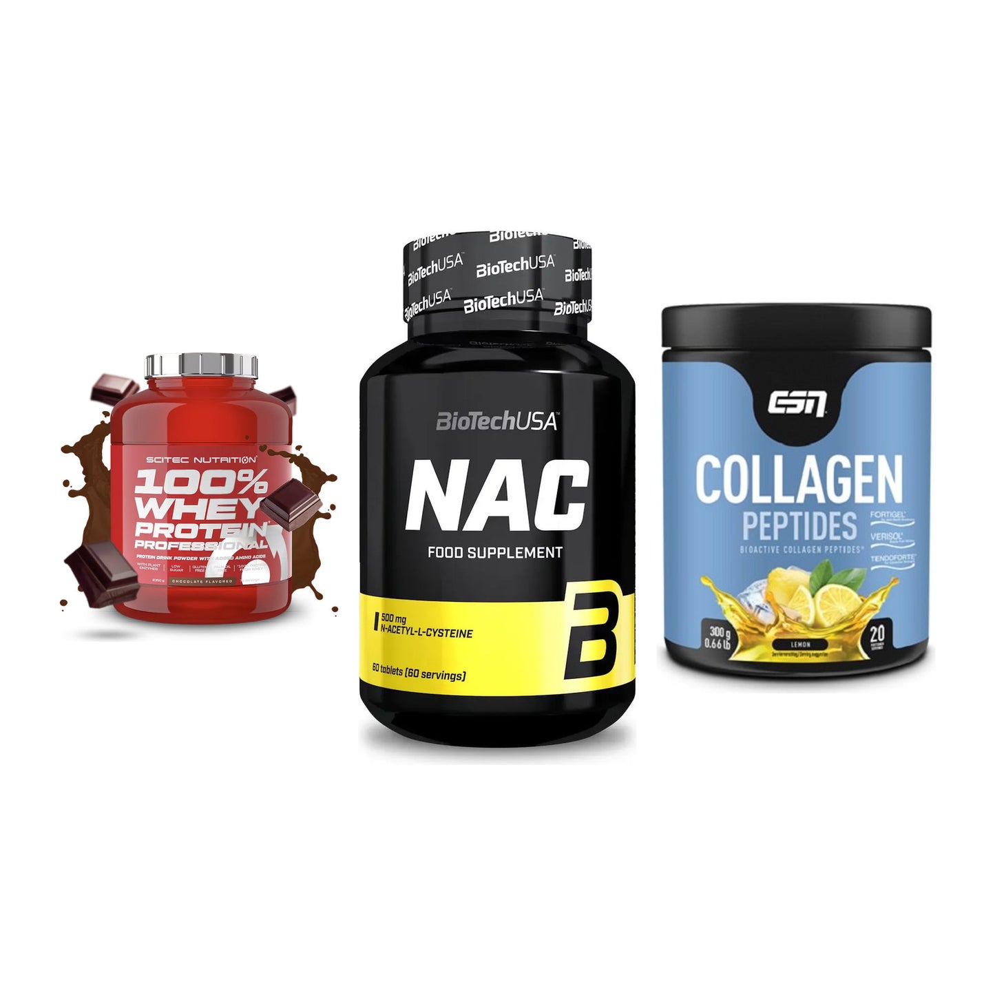 Regenerations-Set: Scitec 100% + BioTech NAC + ESN Collagen – alle enthaltenen Artikel