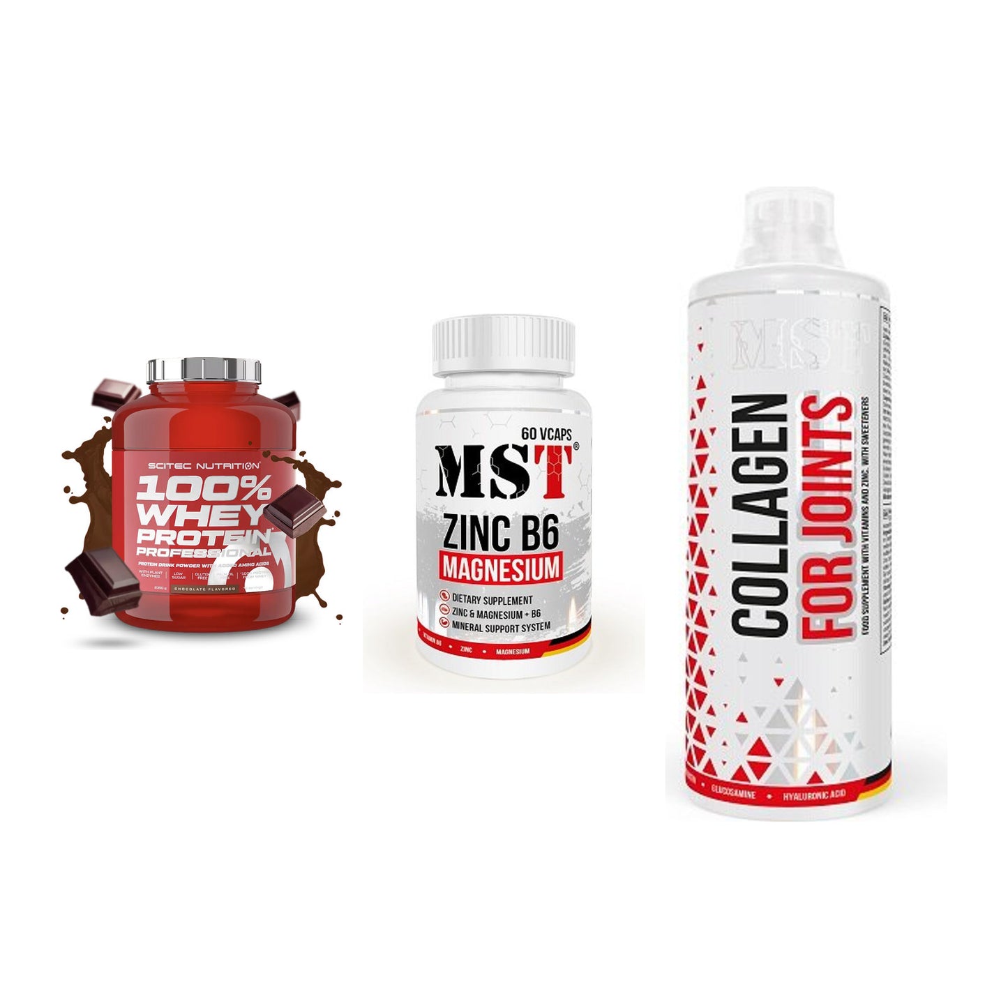 Regenerations-Set: Scitec 100% + MST Zinc + MST Collagen – alle enthaltenen Artikel