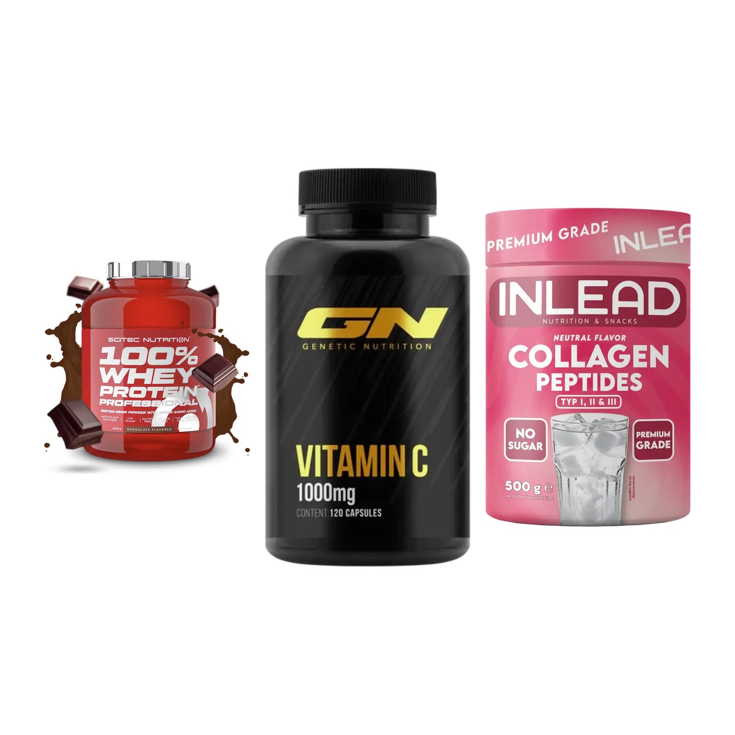 Regenerations-Set: Scitec 100% + GN Vitamin C + INLEAD Collagen – alle enthaltenen Artikel