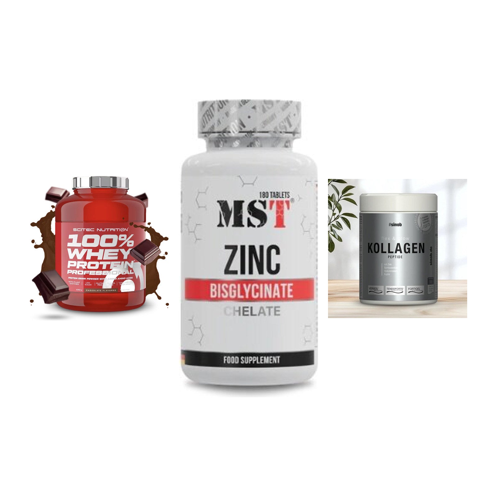 Regenerations-Set: Scitec 100% + MST Zinc + Sinob Kollagen – alle enthaltenen Artikel