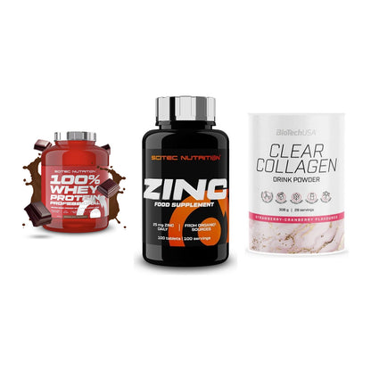 Regenerations-Set: Scitec 100% + Scitec Zinc + BioTech Clear – alle enthaltenen Artikel
