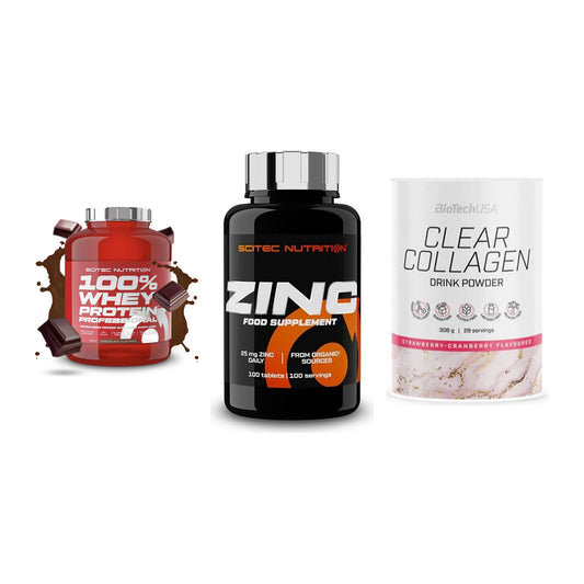 Regenerations-Set: Scitec 100% + Scitec Zinc + BioTech Clear – alle enthaltenen Artikel