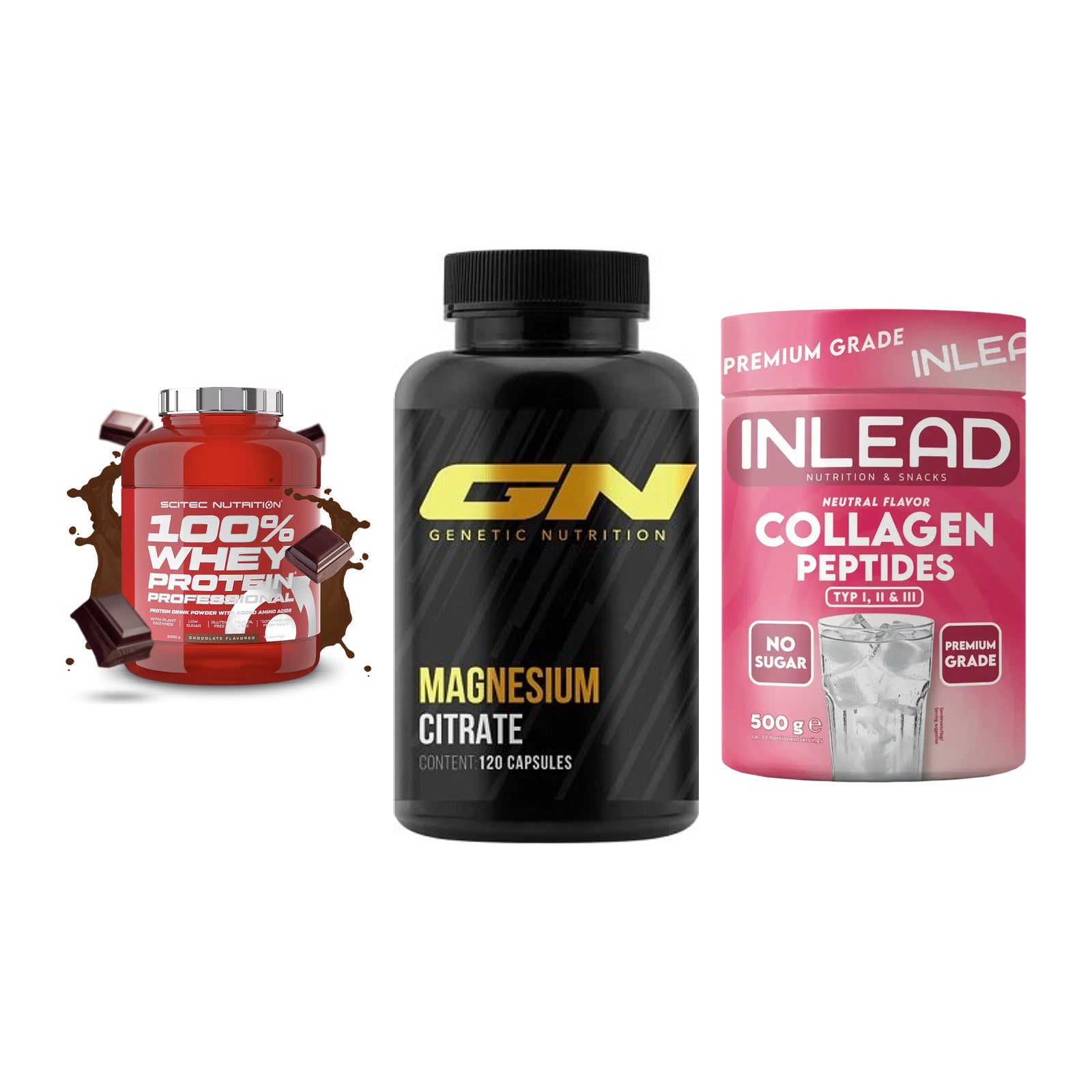 Regenerations-Set: Scitec 100% + GN Magnesium + INLEAD Collagen – alle enthaltenen Artikel