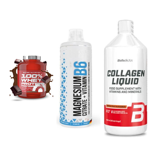 Regenerations-Set: Scitec 100% + MST Magnesium + BioTech Collage – alle enthaltenen Artikel