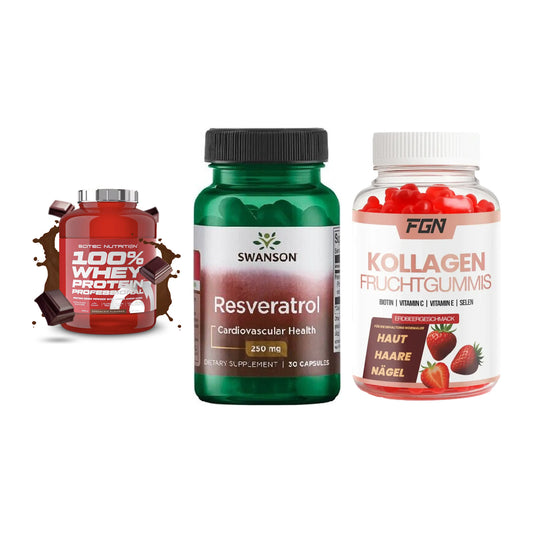 Regenerations-Set: Scitec 100% + Swanson Resvera + FGN Kollagen 60 – alle enthaltenen Artikel