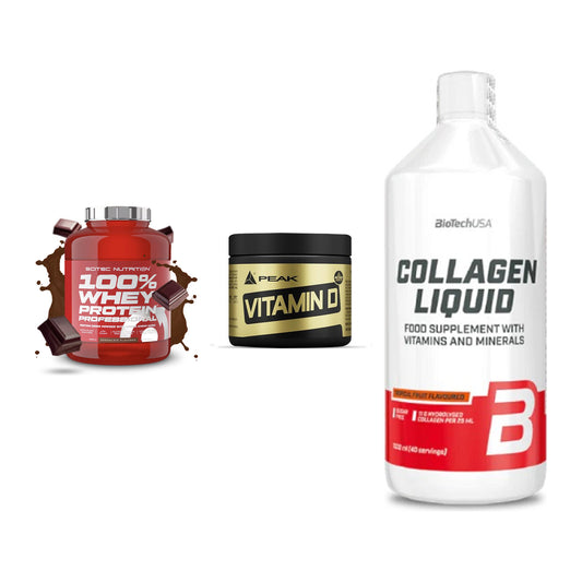 Regenerations-Set: Scitec 100% + Peak Vitamin D + BioTech Collage – alle enthaltenen Artikel