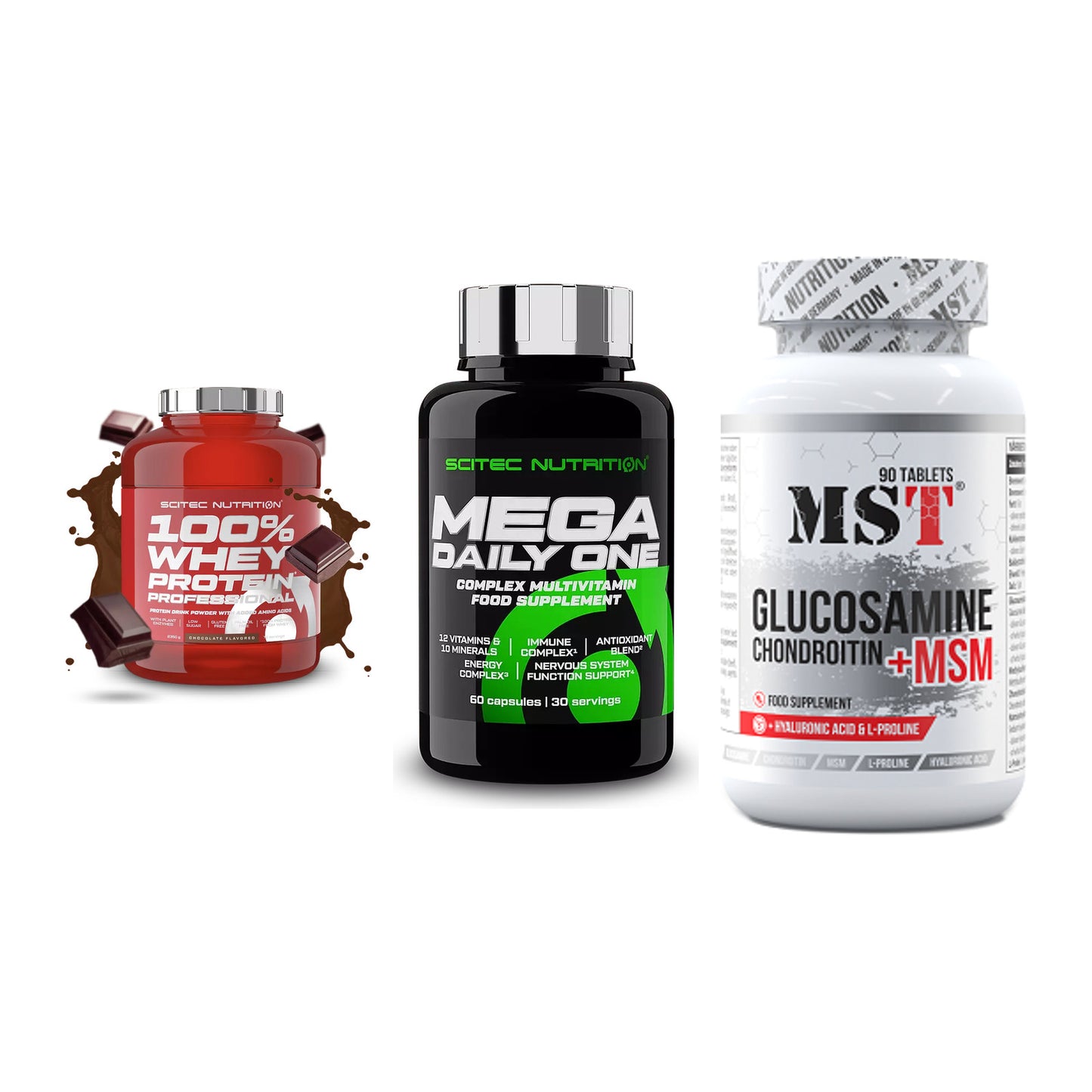 Regenerations-Set: Scitec 100% + Scitec Mega + MST Glucosamine – alle enthaltenen Artikel