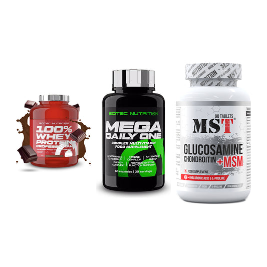 Regenerations-Set: Scitec 100% + Scitec Mega + MST Glucosamine – alle enthaltenen Artikel