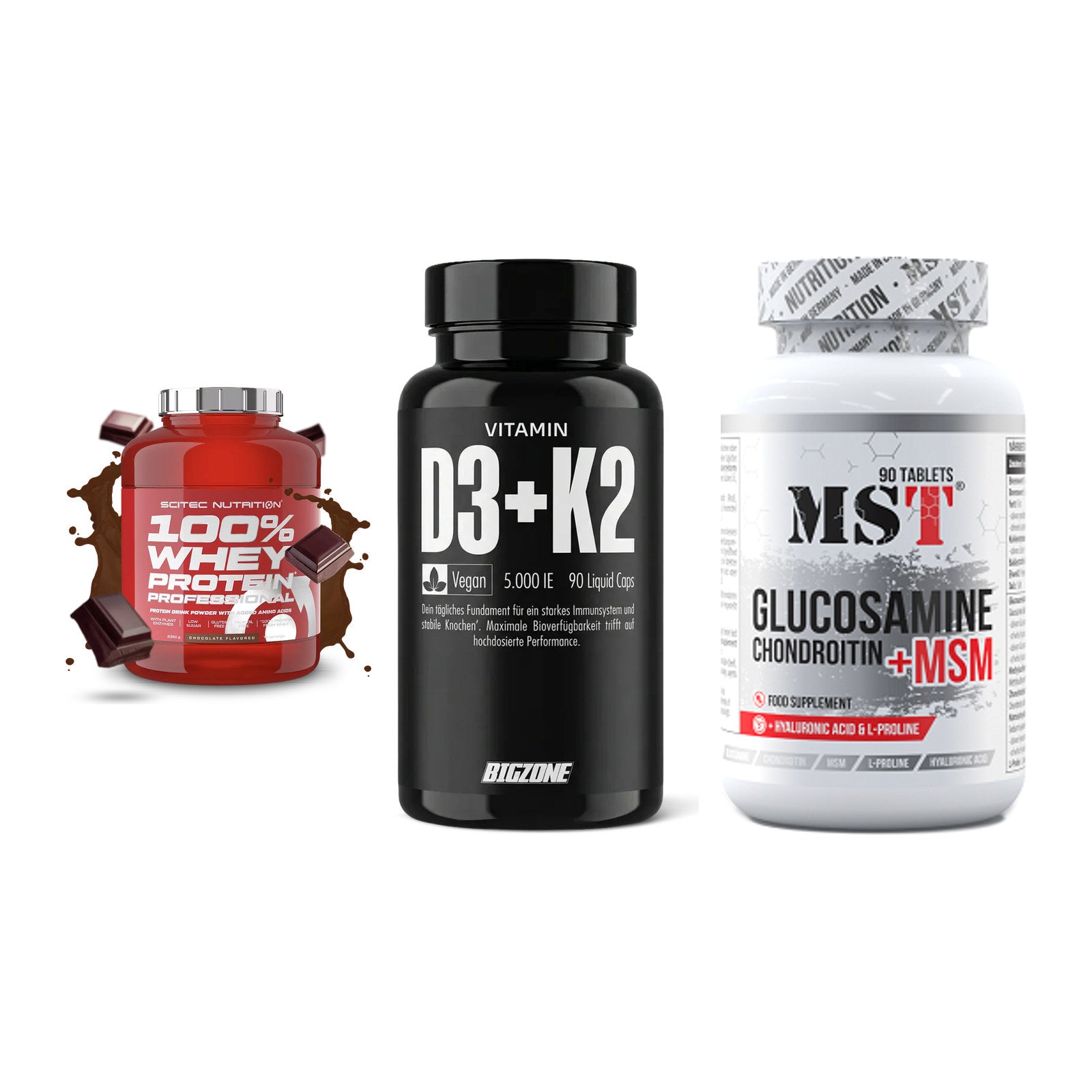 Regenerations-Set: Scitec 100% + Big Zone + MST Glucosamine – alle enthaltenen Artikel