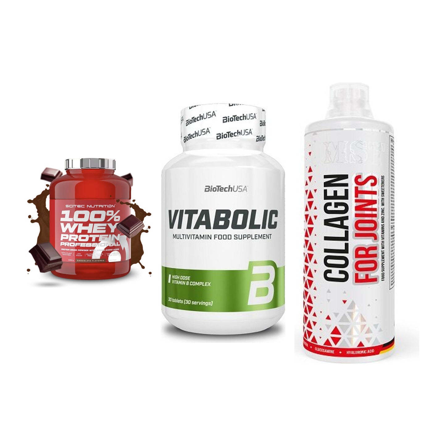 Regenerations-Set: Scitec 100% + BioTech Vitabol + MST Collagen – alle enthaltenen Artikel