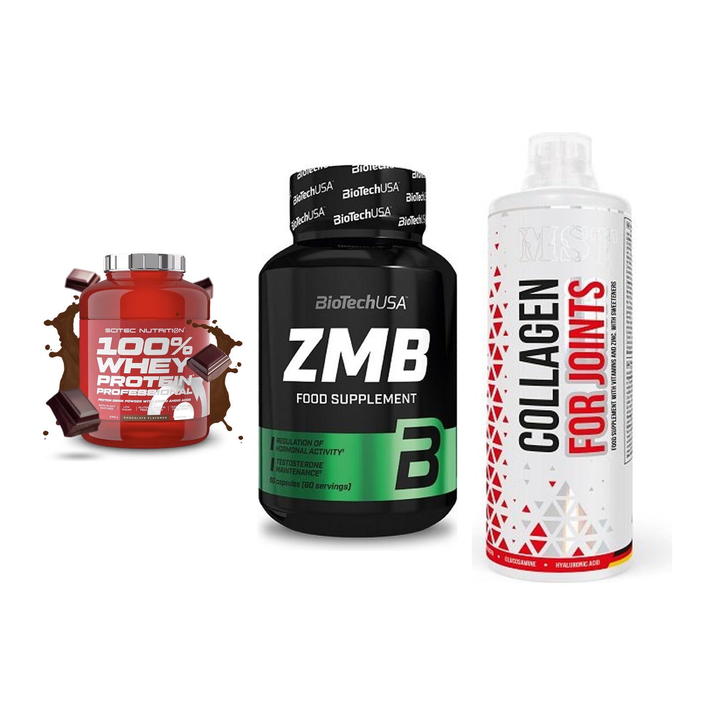 Regenerations-Set: Scitec 100% + BioTech ZMB + MST Collagen – alle enthaltenen Artikel