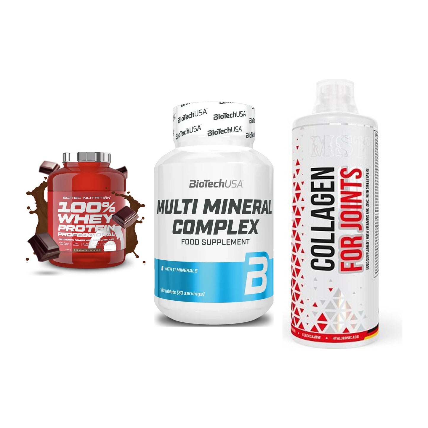 Regenerations-Set: Scitec 100% + BioTech Multi + MST Collagen – alle enthaltenen Artikel