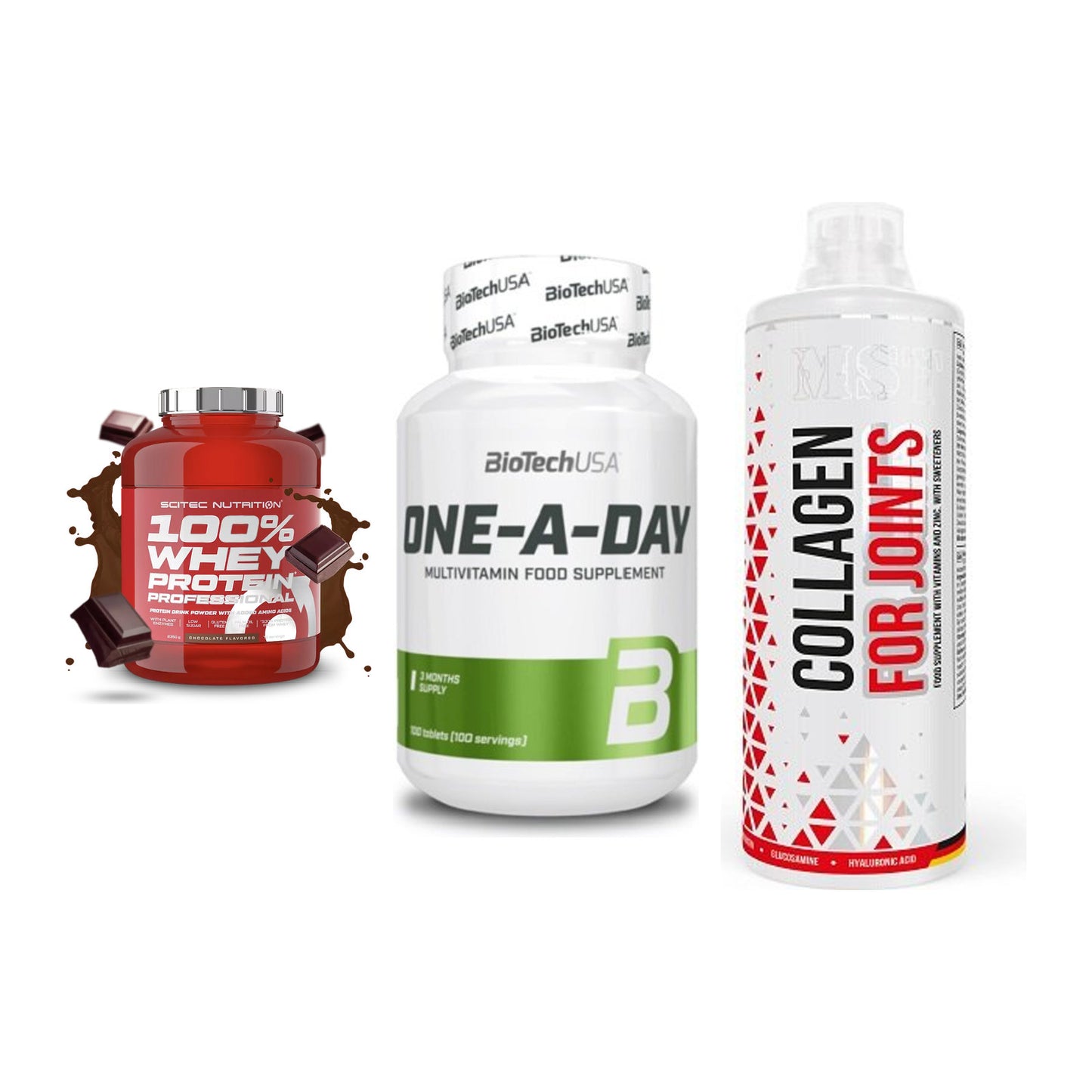 Regenerations-Set: Scitec 100% + BioTech One A + MST Collagen – alle enthaltenen Artikel