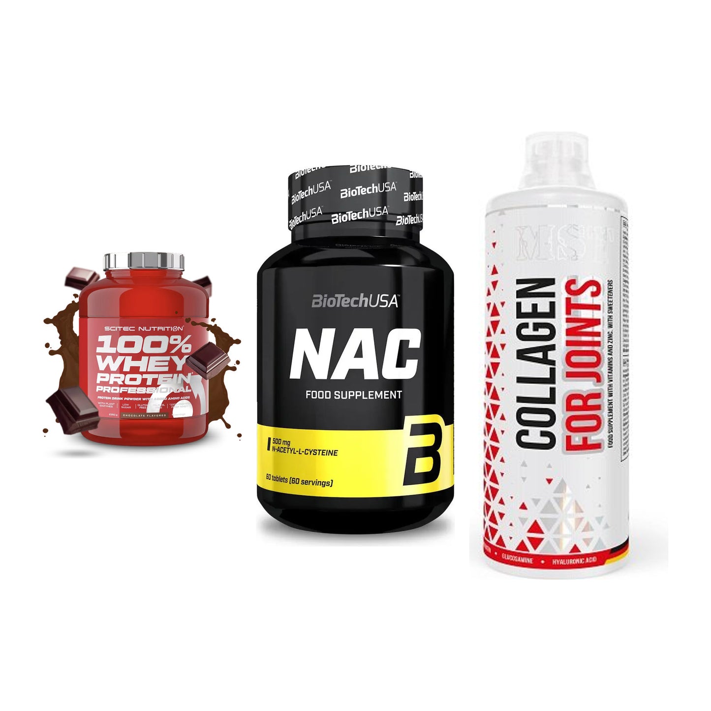 Regenerations-Set: Scitec 100% + BioTech NAC + MST Collagen – alle enthaltenen Artikel